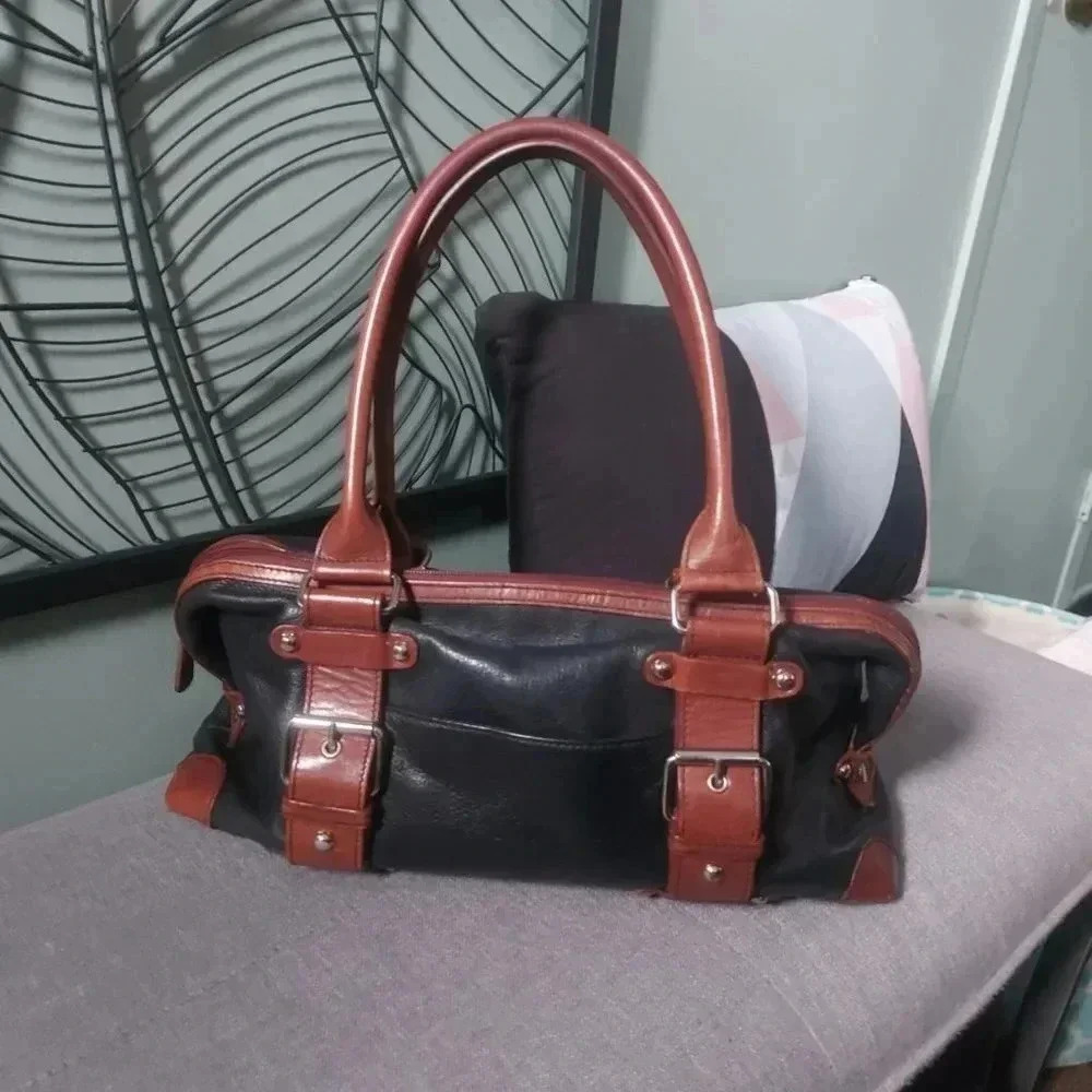 Danier | Vintage Black and  Brown Leather Shoulder Bag with Silver Hardware